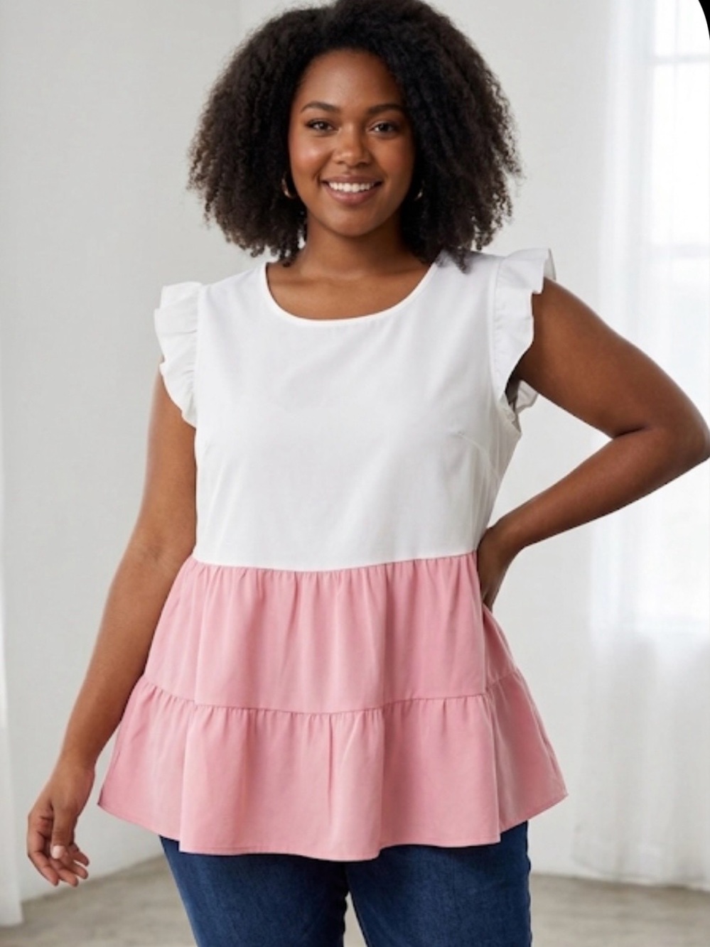 Shein Curve 2XL White and Pink Ruffled Sleeve Colorblock Blouse